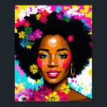 Póster Black Woman Pop Art Multicolor<br><div class="desc">Esta obra de arte única presenta a una hermosa mujer negra con pelo afro natural en un retrato de arte pop vibrante con flores de colores y un fondo abstracto multicolor. Un toque estético de los años 70 con colores vivos y vivos, este arte de belleza melanina puede alegrar cualquier...</div>