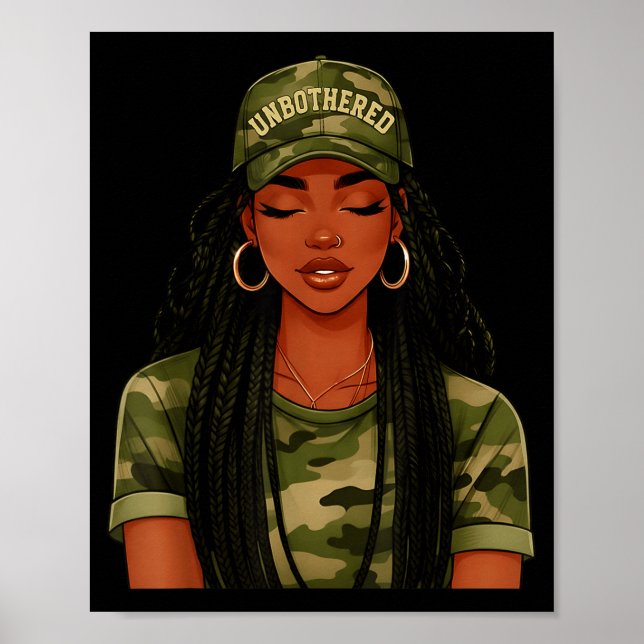 Póster Black Woman Unbothered Locs Camo Girl Women Loc'd  (Frente)