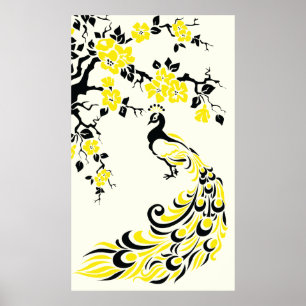 Póster Black yellow peacock and cherry blossoms poster