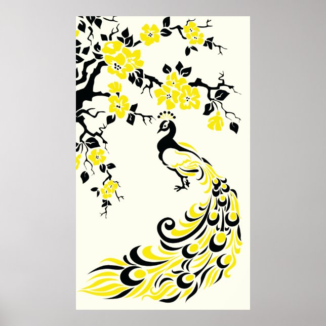 Póster Black yellow peacock and cherry blossoms poster (Frente)