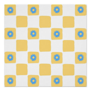 Póster Blanco Amarillo Ajetreado Con Patrón De Flor Azul
