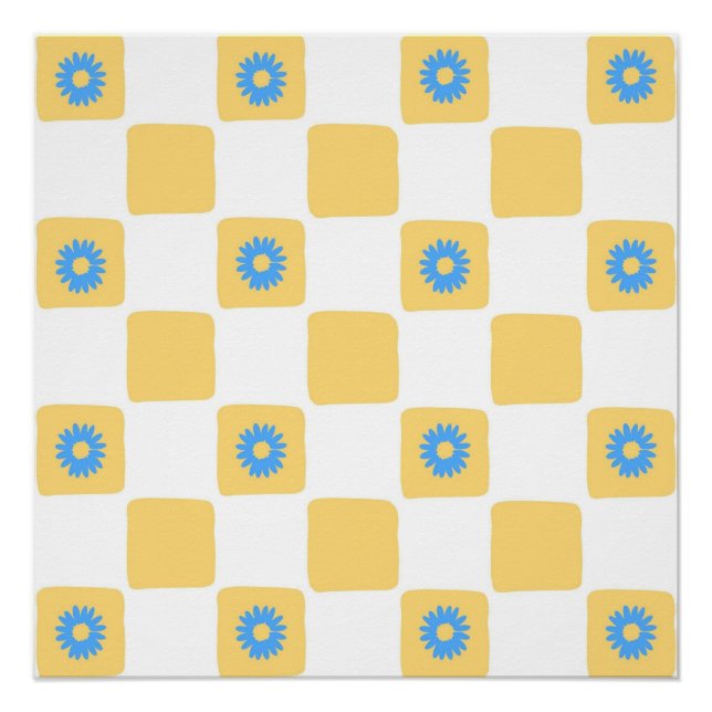 Póster Blanco Amarillo Ajetreado Con Patrón De Flor Azul (Anverso)