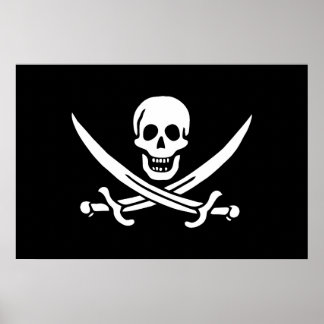 Póster Blanco, Bandera Pirata Calico Jack, Calavera y Cri
