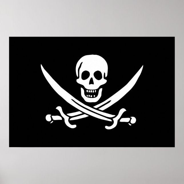 Póster Blanco, Bandera Pirata Calico Jack, Calavera y Cri (Frente)