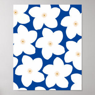 Póster Blanco Floral Retro Sobre Flores Azules