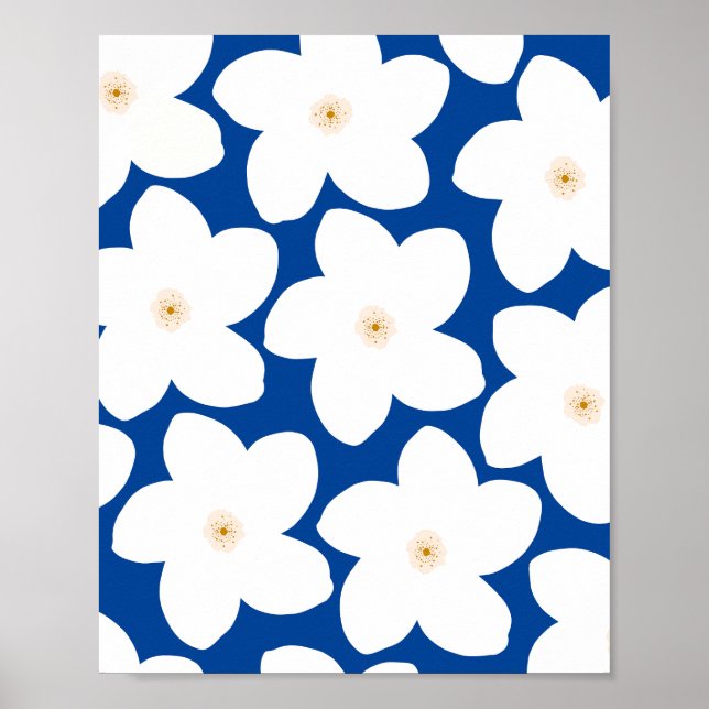 Póster Blanco Floral Retro Sobre Flores Azules (Frente)