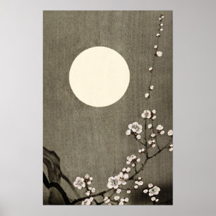Póster Blanco Negro Full Moon Cherry Blossom Art