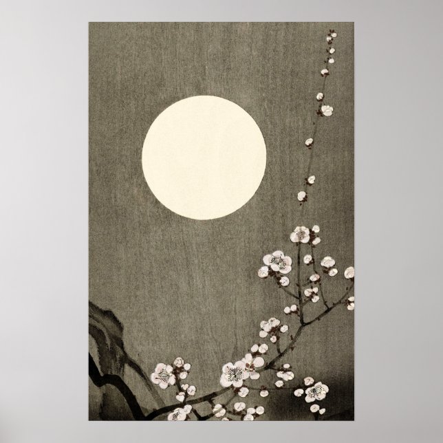 Póster Blanco Negro Full Moon Cherry Blossom Art (Frente)