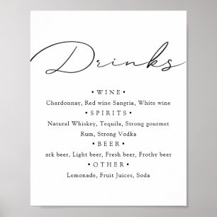 Póster Blanco negro. Menú de bar de boda con caligrafía e