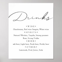 Póster Blanco negro. Menú de boda con caligrafía elegante