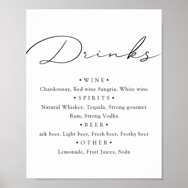 Póster Blanco negro. Menú de boda de caligrafía elegante  (Frente)