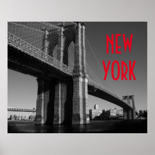 Póster Blanco Negro Rojo Puente de Brooklyn Ciudad de Nue
