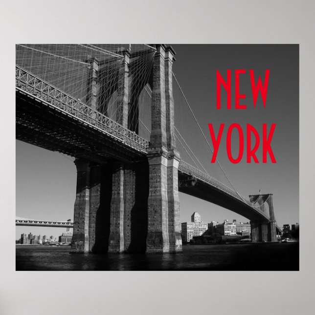 Póster Blanco Negro Rojo Puente de Brooklyn Ciudad de Nue (Frente)