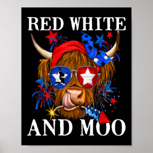 Póster Blanco Rojo Y Moo Vaca Patriótica Bandera Estadoun