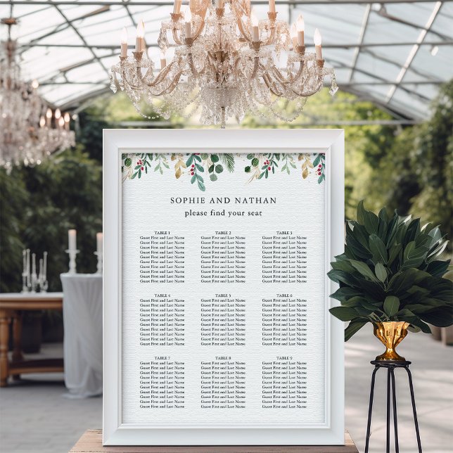 Póster Blanco verde dorado | Boda de Navidades (An elegant seating chart for your Christmas holiday wedding)