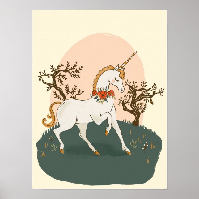 Póster Blanco y divertido de unicornio jugando a niños (Frente)
