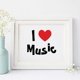 Póster Blanco y negro Me encanta la música Corazón rojo