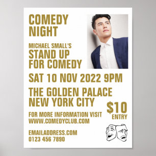 Póster Blanco y oro fino, comediante, anuncio de club de 