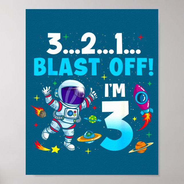 Póster Blast Off I'm 3 Years Old 3rd Birthday Spaceship A (Frente)