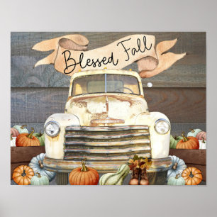 Póster Blessed Fall Rustic Truck and Pumpkins Autumn
