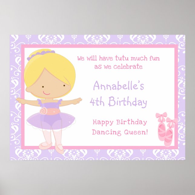 Póster Blonde Ballerina & Purple Damask Cumpleaños (Frente)