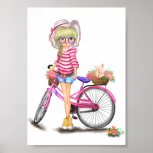 Póster Blonde Girl with Pink Bike Poster
