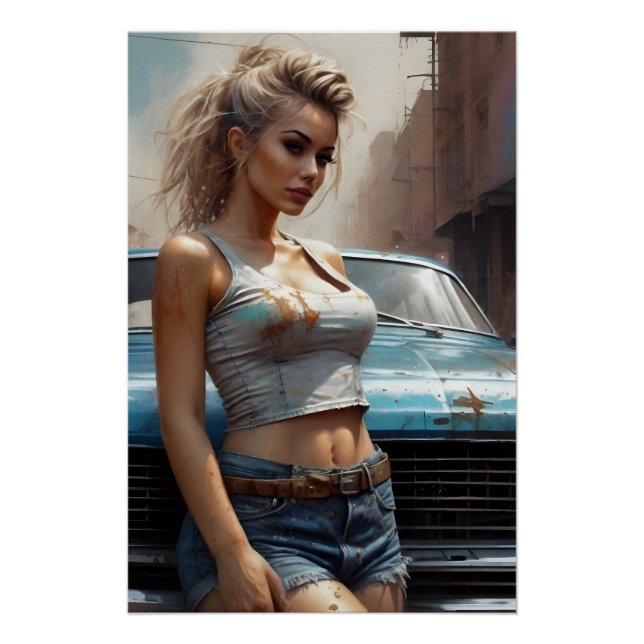 Póster Blonde Pinup Kunstwerk Oldtimer kunst (Anverso)