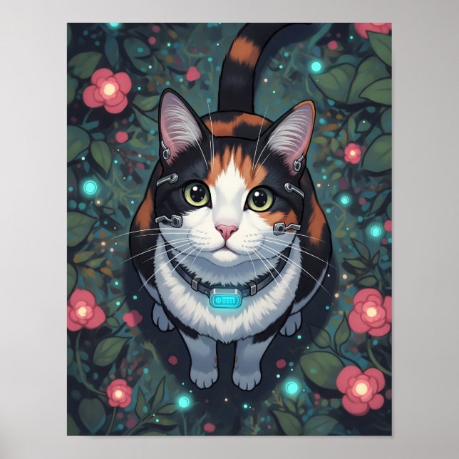 Póster Bloom de Cyber Cat | Línea Cibernetica Floral (Frente)