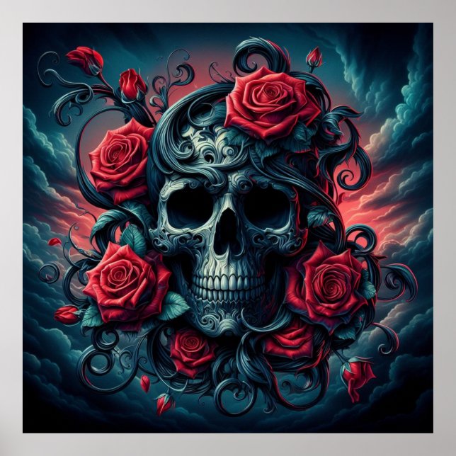 Póster Bloom Eterno: Calavera gótica y Poster de Rosas (Frente)