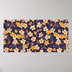 Póster blooming cherry and butterflies seamless pattern.