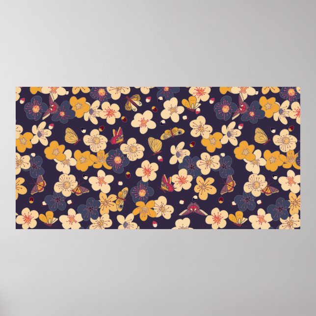 Póster blooming cherry and butterflies seamless pattern.  (Frente)