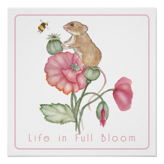 Póster Blooming Cute Mouse en la amapola (Anverso)