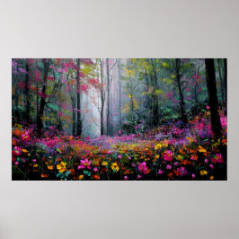Póster Blooming Flowers and Tall Trees in Peaceful Forest