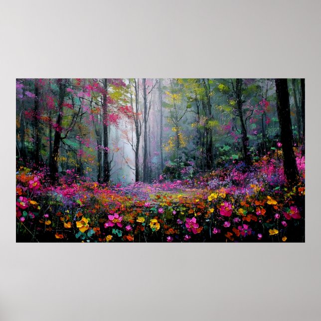Póster Blooming Flowers and Tall Trees in Peaceful Forest (Frente)