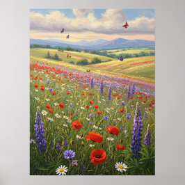 Póster Blooming Meadow Landscape Painting Art