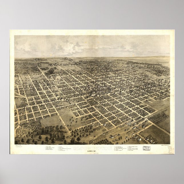 Póster Bloomington Illinois 1867 Mapa Panorámico Antiguo (Frente)