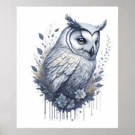 Póster Blossom Guardian: Lechuza acuarela en armonía flor