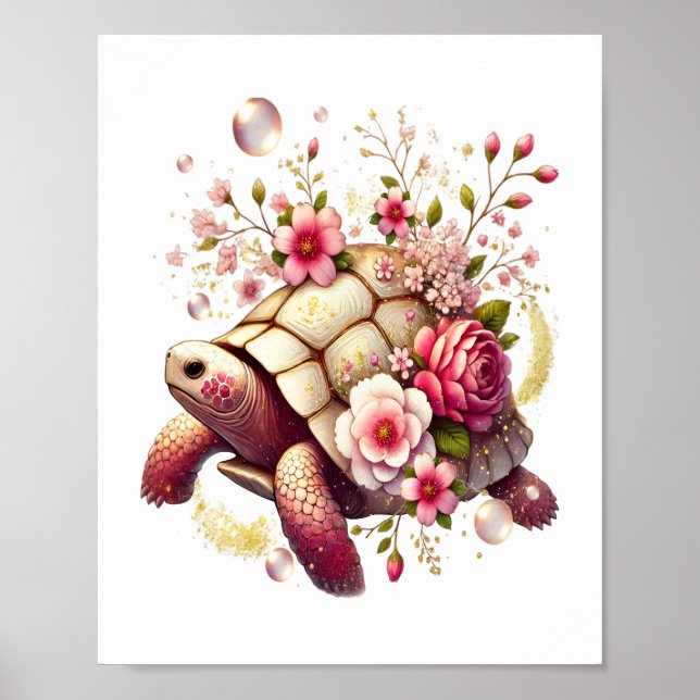 Póster Blossom rosa de tortuga marina floral de Boho (Frente)