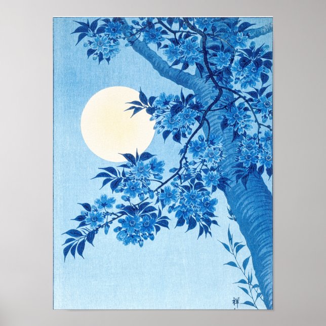 Póster Blossoming Cherry Moonlit Night Ohara Koson Blue12 (Frente)