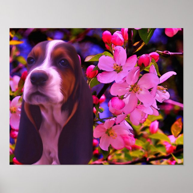 Póster Blossoms de cachorros en Basset (Frente)