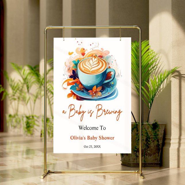 Póster Blue A Baby prepara la bienvenida a Baby Shower (Blue Floral A Baby is Brewing Baby Shower Welcome Sign )