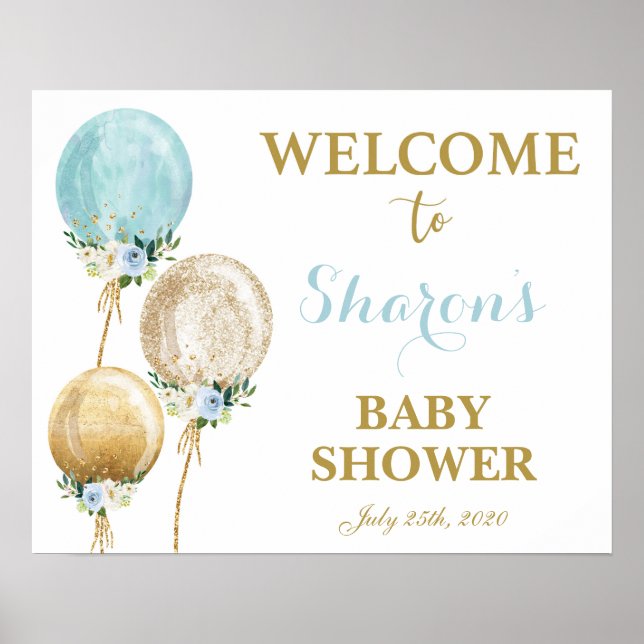 Póster Blue and Gold balloon baby shower boy welcome sign (Frente)