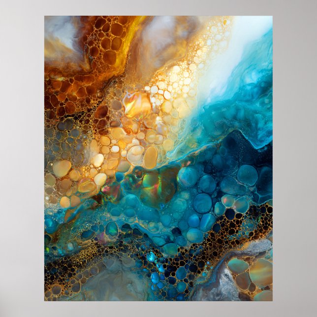 Póster Blue and Gold Fluid Art Abstract (Frente)