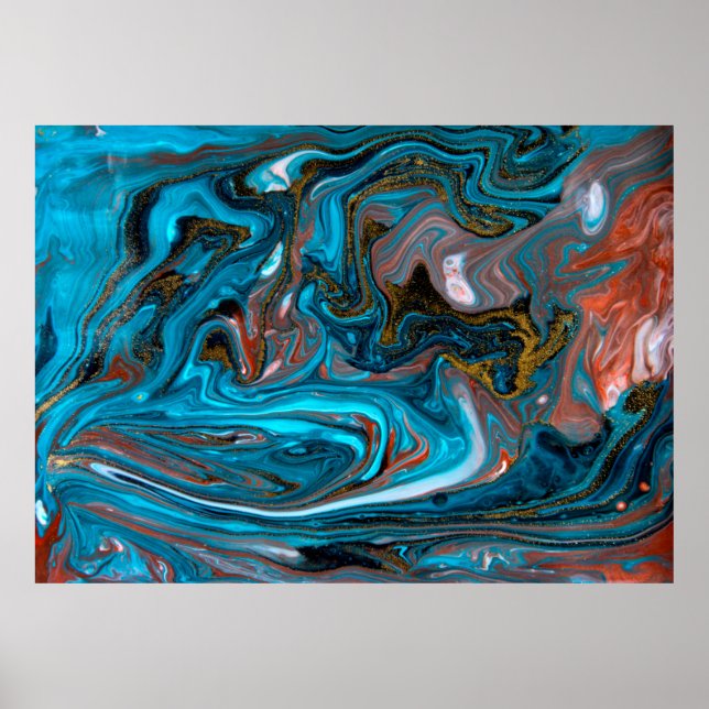 Póster Blue and gold marbling pattern. Golden marble liqu (Frente)