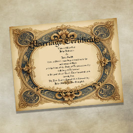 Póster Blue and gold Vintage  Marriage Certificate