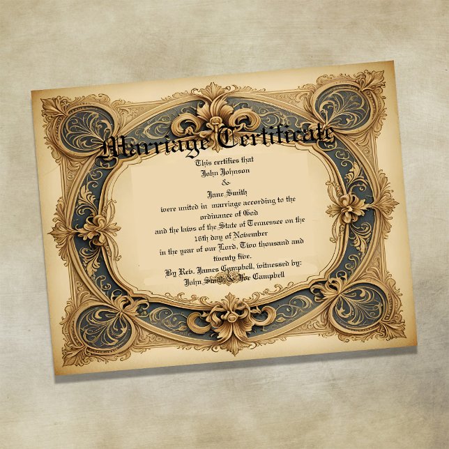Póster Blue and gold Vintage  Marriage Certificate (Subido por el creador)