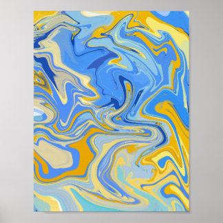 Póster Blue and Golden Yellow Fluid Marble Abstract Wall