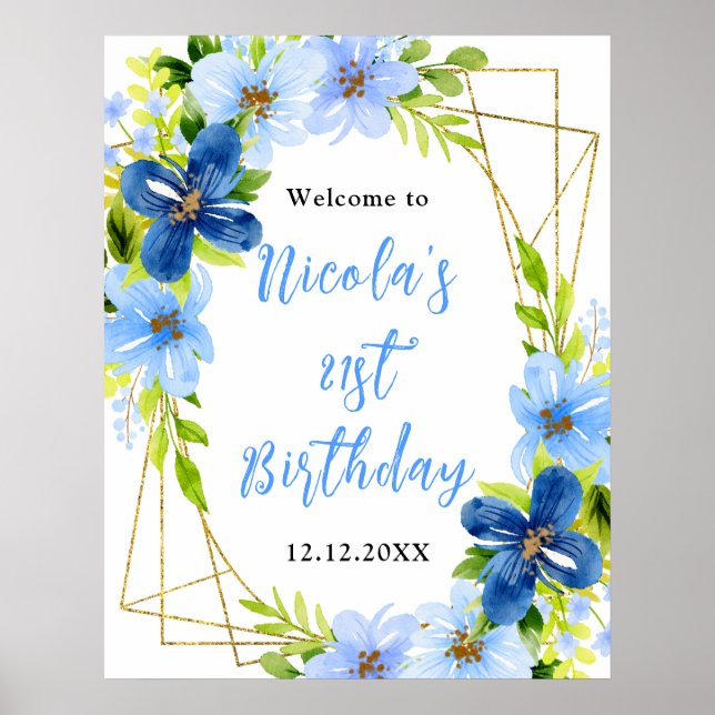Póster Blue and Navy Flowers Birthday Welcome (Frente)