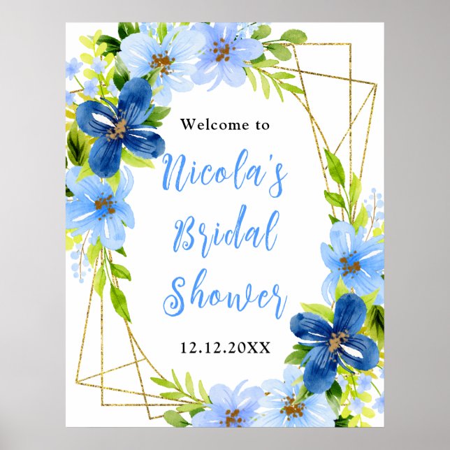 Póster Blue and Navy Flowers Bridal Shower Welcome (Frente)