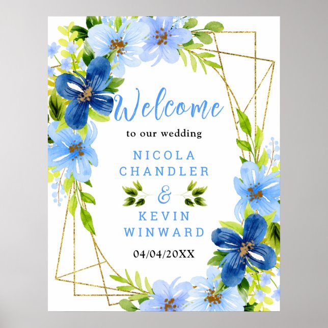Póster Blue and Navy Flowers Wedding Welcome Sign (Frente)